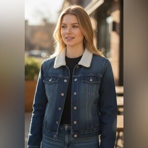 Ashley Vintage Charm Sherpa Buffalo Plaid Denim Jacket Size Medium Jeans